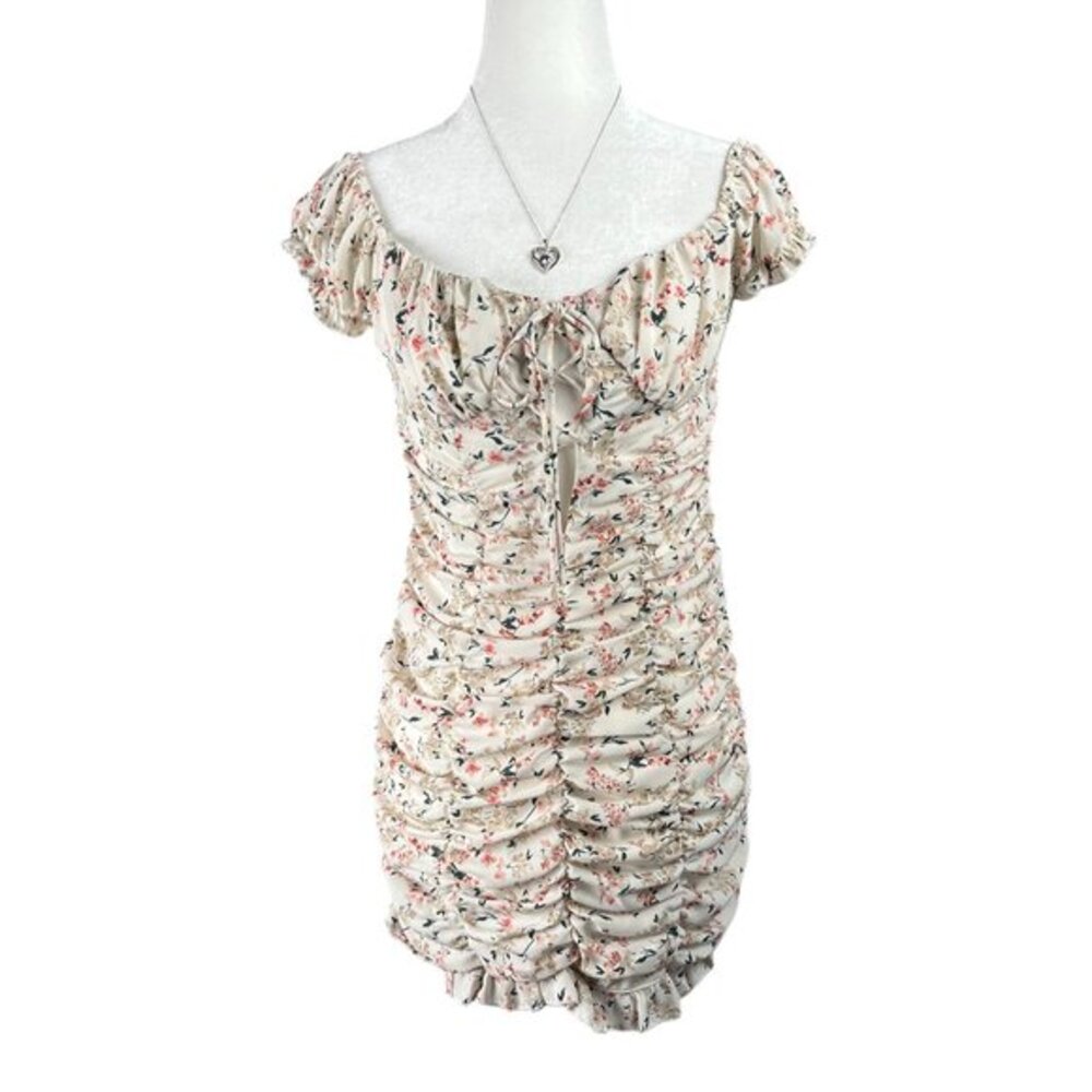 Nectar Clothing Mini Dress Women’s S Cream Floral Ruched Cottagecore Coquette